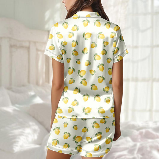 Lemon Satin Pajama Short Set, Fruit Print Sleepwear, Cute Yellow Pjs For Women, Matching Pjs, Summer Lounge Set, Citrus Gift For Her