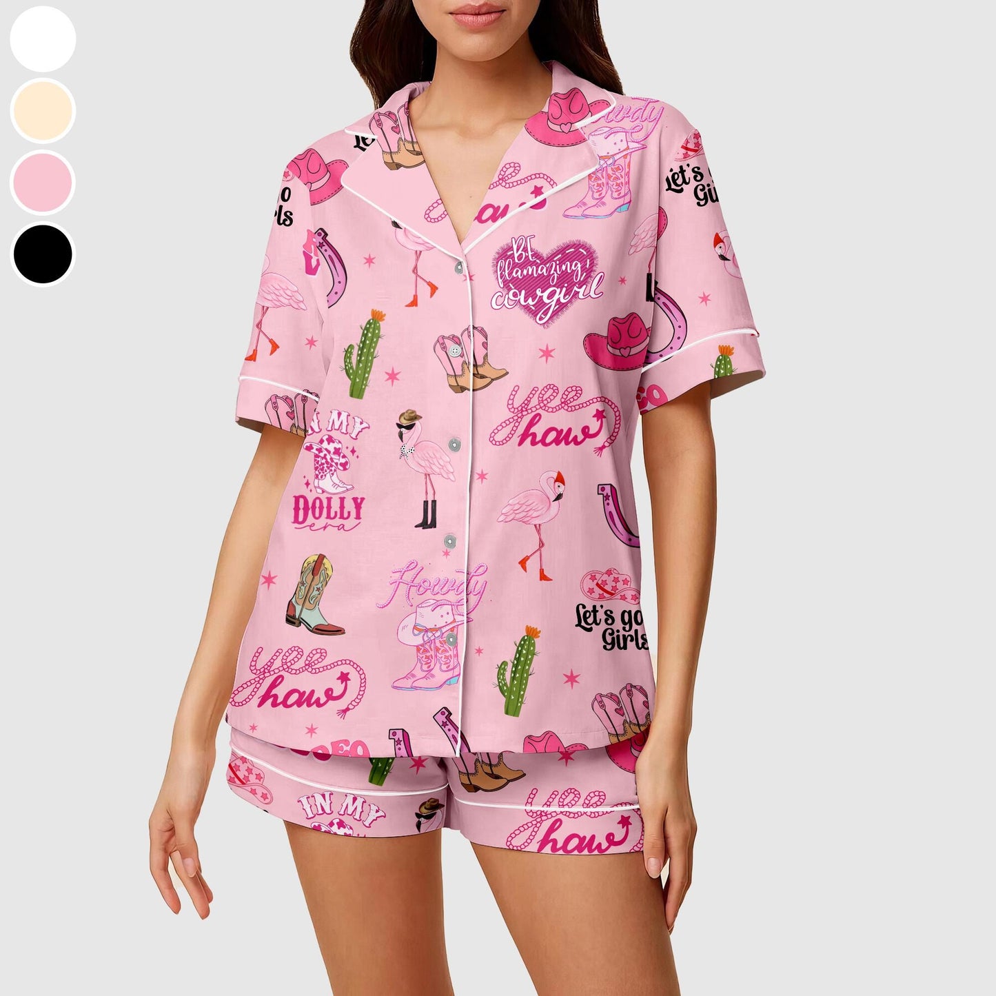 Flamingo Cowgirl Pajama Set, Flamingo Women's Western Pajama Short Set, Cactus & Cowgirl Print Summer Lounge Set, Cowgirl Birthday Gift