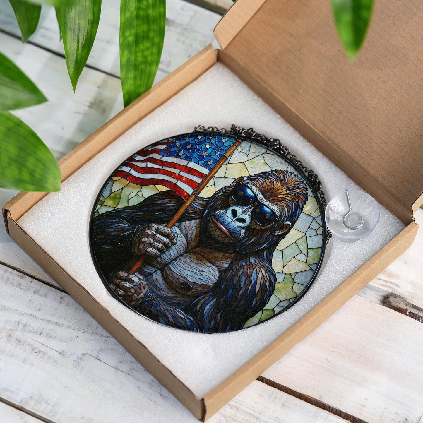 Gorilla Holding US Flag Stained Glass Round Window Suncatcher Patriotic Home Decor Gift for Him Independence Day Dad