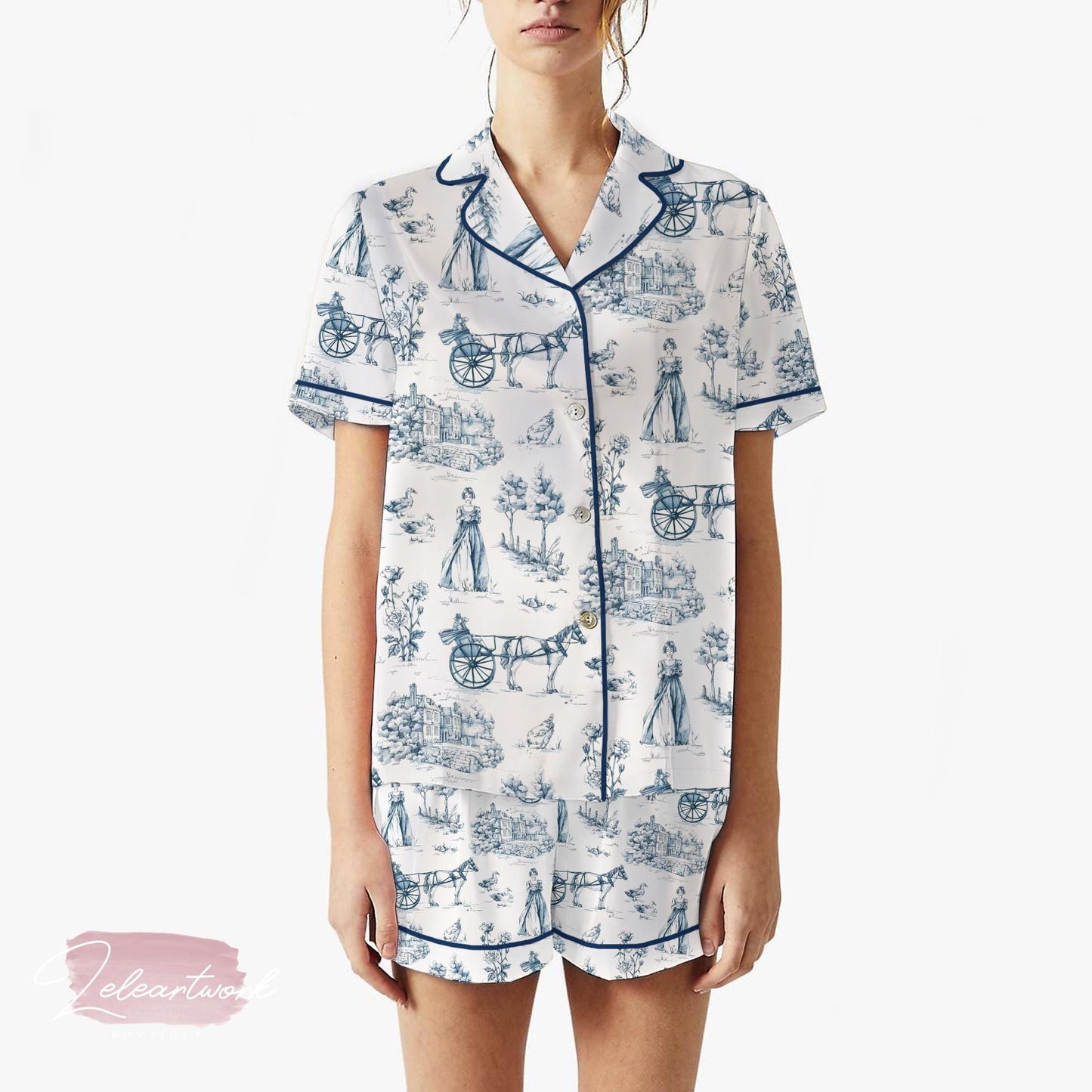 Pride and Prejudice Set | Silky Satin Pajama Set for Women | Jane Austen Toile Print Sleepwear | Regencycore Lounge Gift | Bookish Nightwear