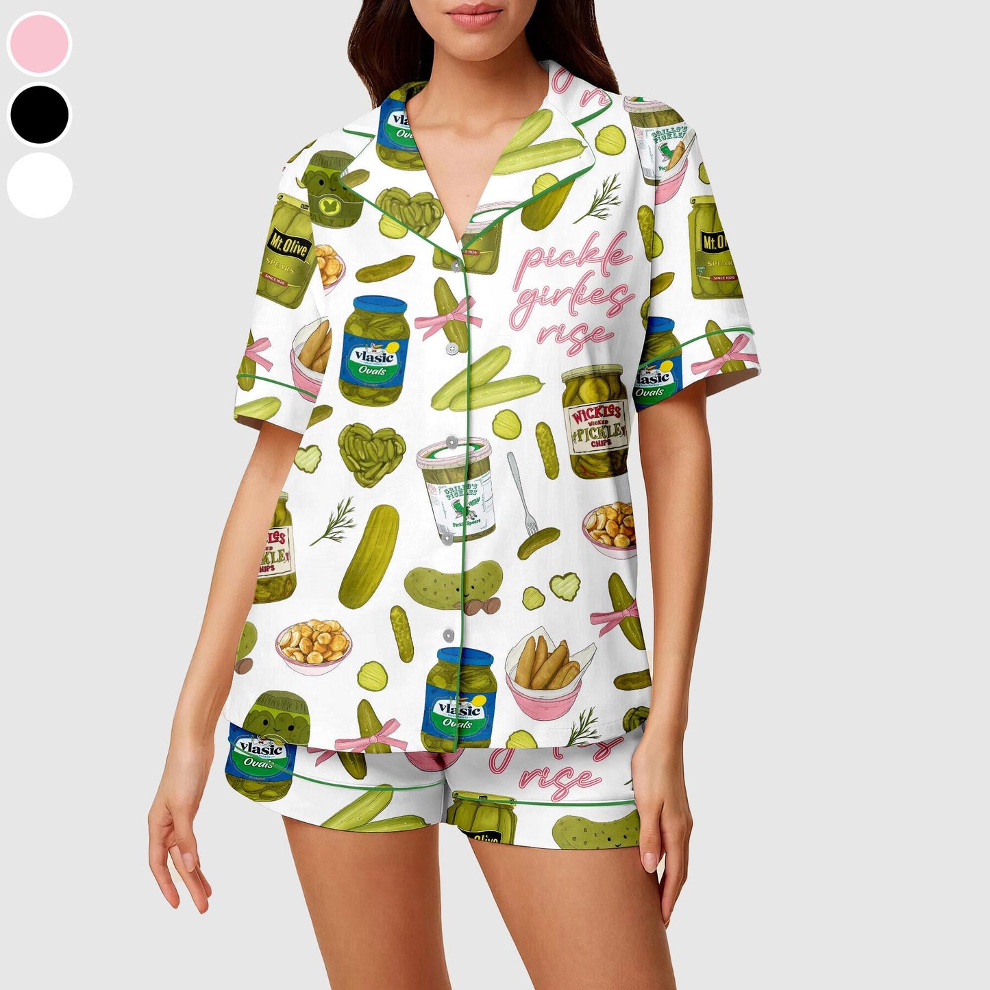 Women's Pickle Print Satin Pajamas Set Printed Comfortable Satin Pajamas and Loungewear Pjs Short Sleeve Top & Shorts Withought Pockets