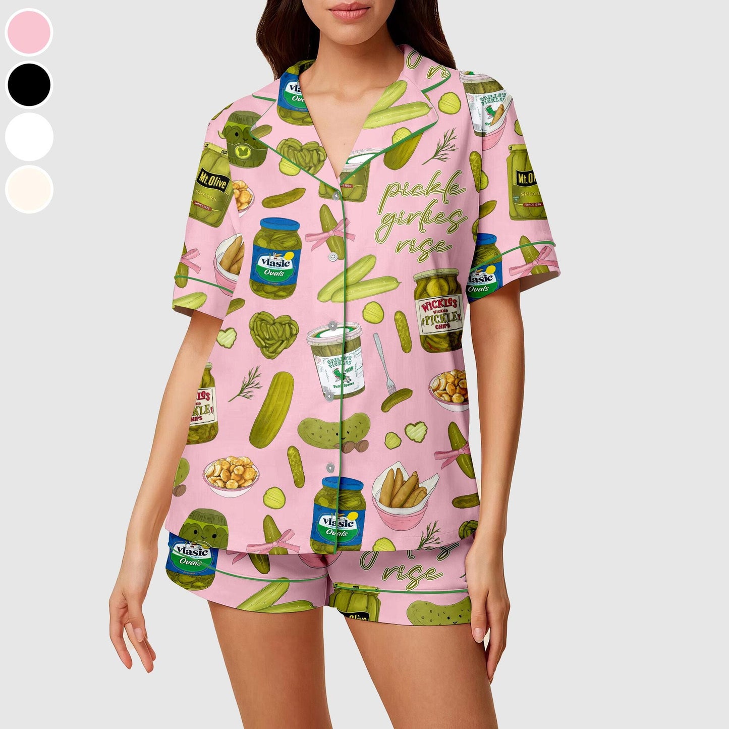 Women's Pickle Print Satin Pajamas Set Printed Comfortable Satin Pajamas and Loungewear Pjs Short Sleeve Top & Shorts Withought Pockets