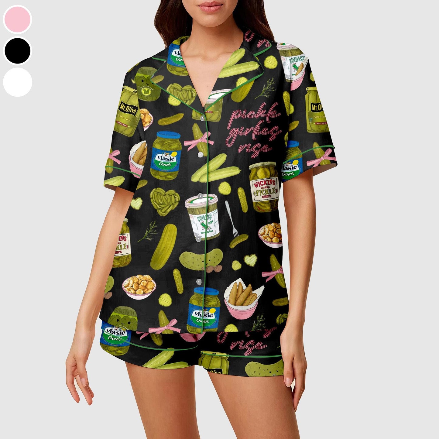 Women's Pickle Print Satin Pajamas Set Printed Comfortable Satin Pajamas and Loungewear Pjs Short Sleeve Top & Shorts Withought Pockets