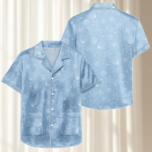 Seashell Satin Pajamas Short Set, Light Blue Ocean Women Sleepwear, Summer Loungewear, Coastal Beachy Pj Set, Funny Gift For Her