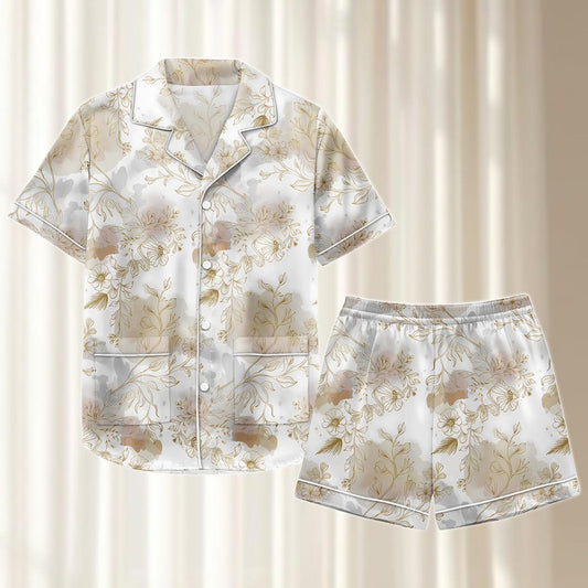 Gold Floral Satin Pajama Set, Elegant Gray Botanical Sleepwear, Women Loungewear, Vintage Matching Pjs, Birthday Gift For Her