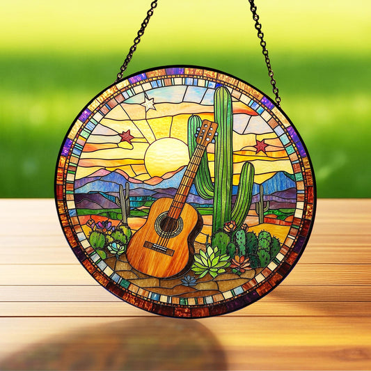 Cactus Stained Glass Suncatcher, Southwestern Glass Hanging, Music Lover Gift, Tropical Home Decoration, Southwestern Decor, Cactus Accent