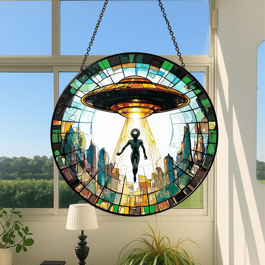 Alien UFO Abduction Stained Glass Suncatcher, UFO Wall Art, Cryptid Hanging Home Decoration, Alien Cryptozoology Decor, Spaceship Decor