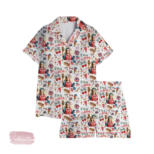 You Look Like The 4th Of July Pajama Set – Retro Americana Short Sleeve Sleepwear, Funny Patriotic Loungewear Gift for Her