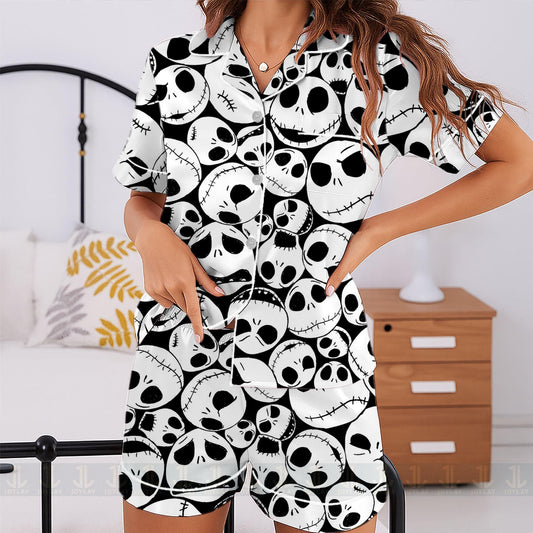 Jack Skellington Big Face Unisex Satin Pajamas Set, Spooky Season Pajamas , Long Sleeve And Short Styles