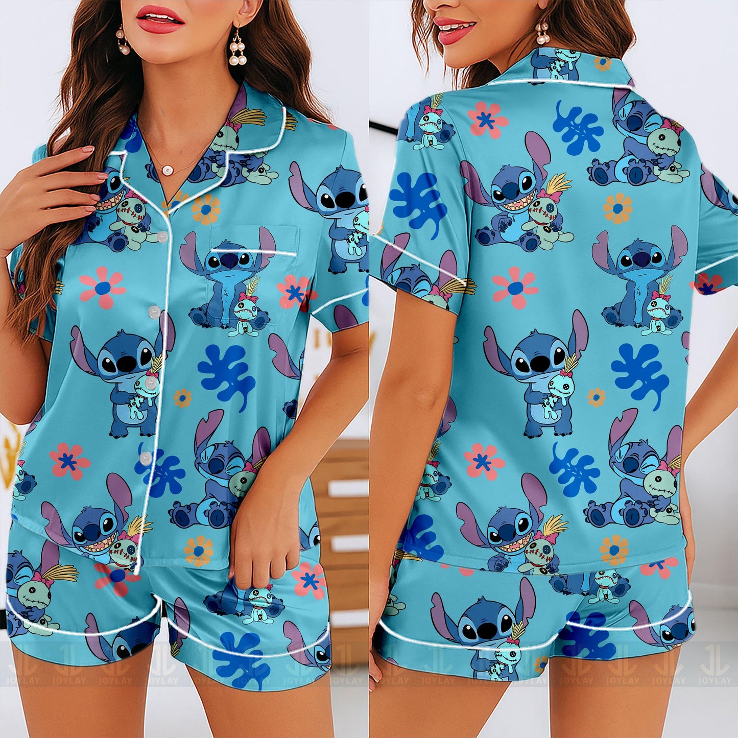Stitch Ohaha Unisex Satin Pajamas Set, Spooky Season Pajamas , Long Sleeve And Short Styles