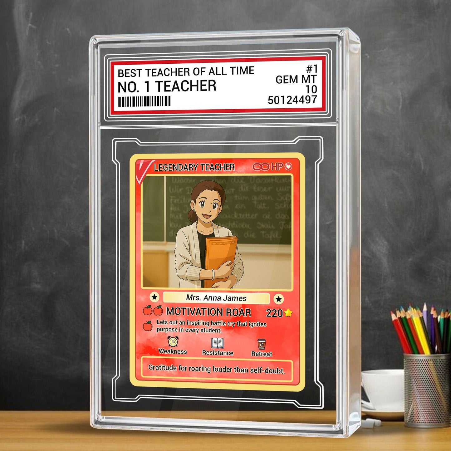 Custom Teacher Appreciation Card, Personalized Desk Plaque, Legendary Trading Style Acrylic Block, End of Year Teacher, Back to School Gift
