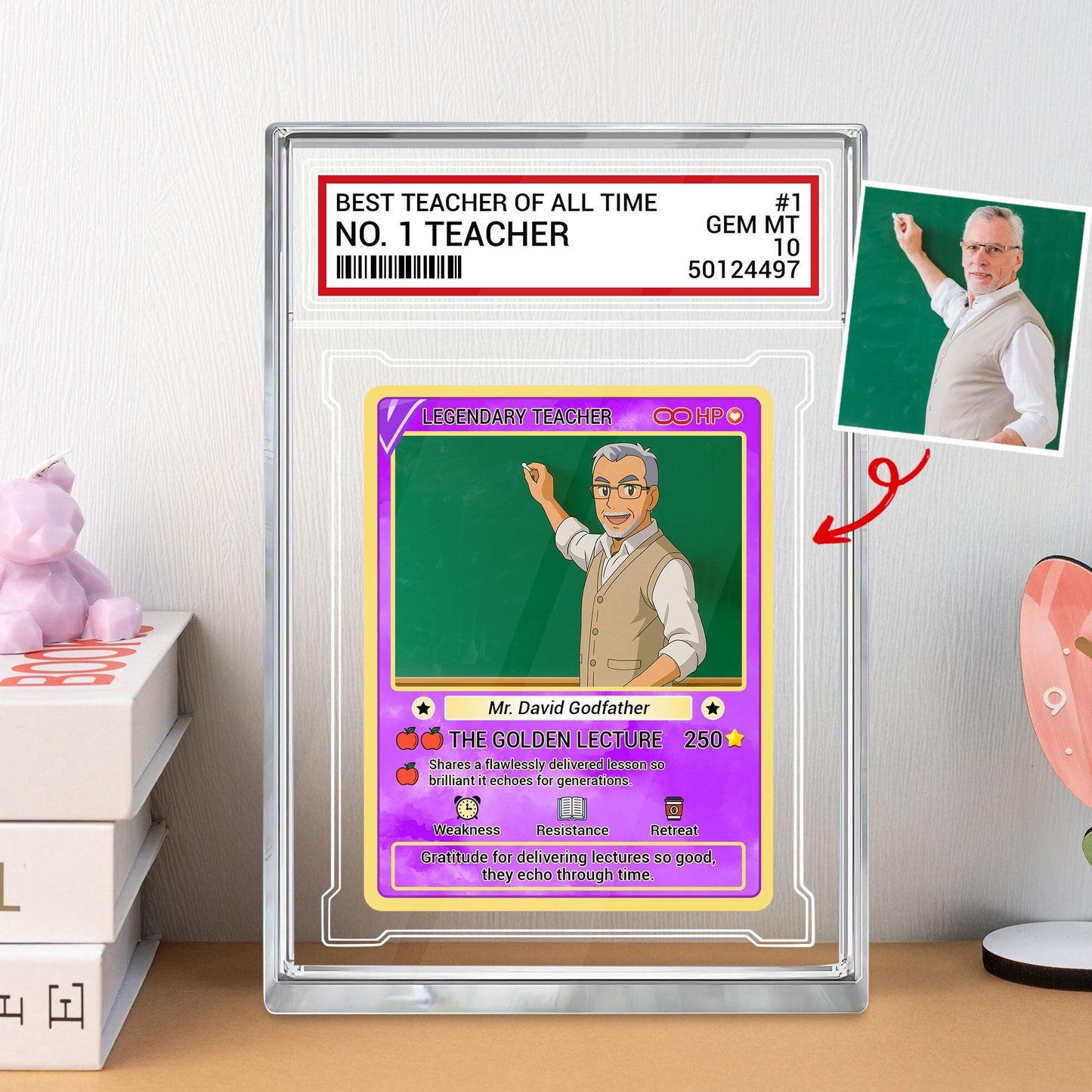 Custom Teacher Appreciation Card, Back to School Gift, Personalized Acrylic Desk Plaque, Legendary Trading Style Acrylic Block, Teacher Gift
