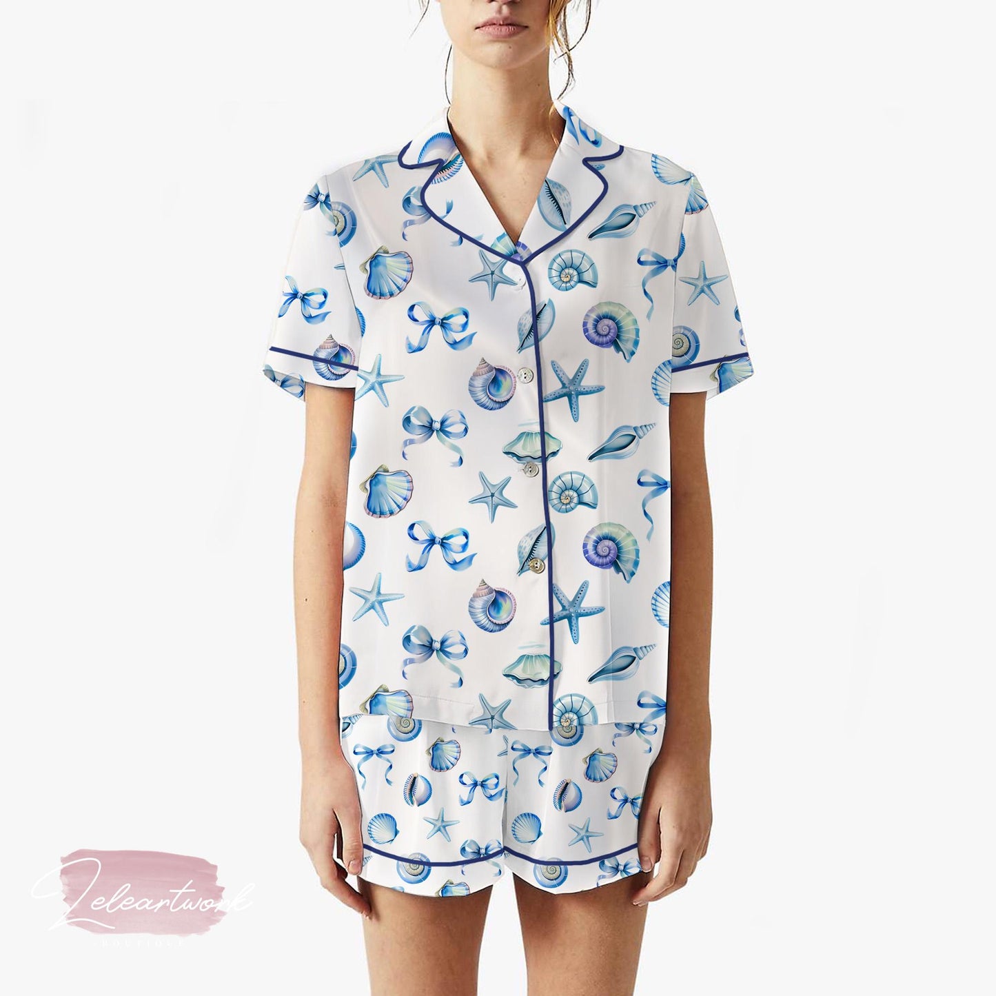 Coquette Blue Bow Ocean Satin Pajama Set for Women | Seashell & Starfish Print Sleepwear | Summer Aesthetic Gift