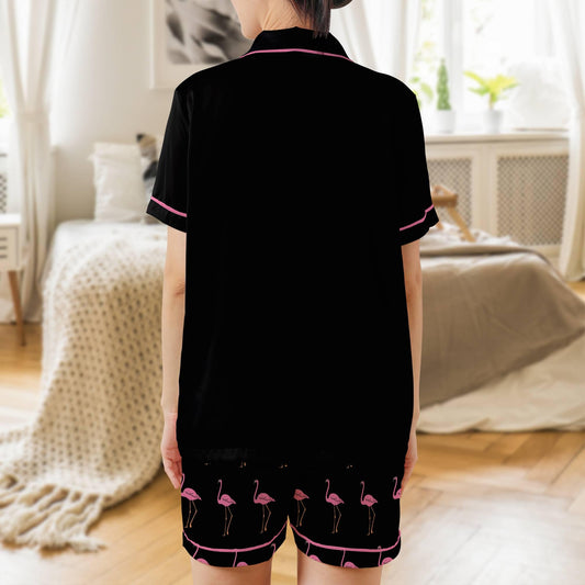 Flamingo Short Sleeves Pajama Set, Flamingo Woman's Black and Pink Satin Pajama Short Sleeve Shorts