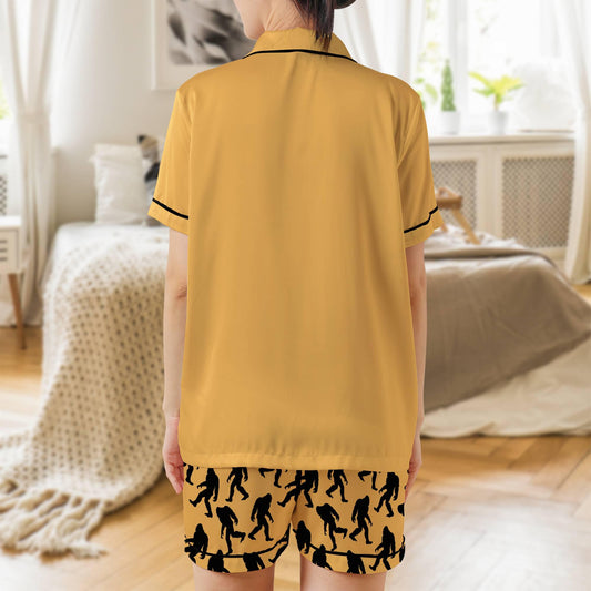 Bigfoot Pajama Set Short Sleeves, Sasquatch Woman's Satin Pajama Short Sleeve Shorts Big foot Gift