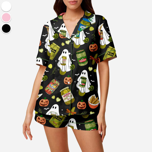 Halloween Pickle Print Satin Pajamas Set Printed Comfortable Satin Pajamas and Loungewear Pjs Short Sleeve Top & Shorts Withought Pockets