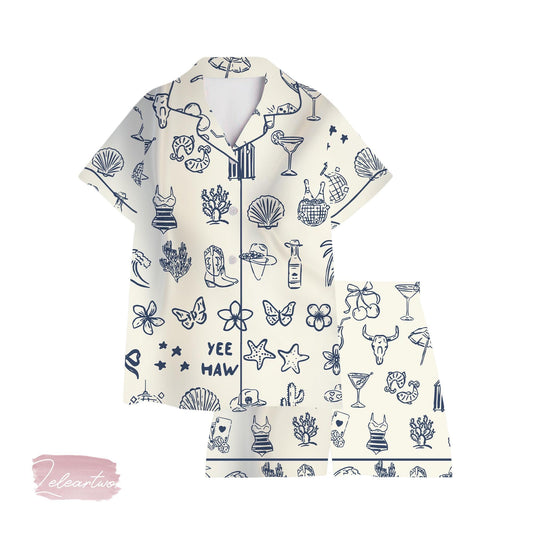 Cowboy Collection Art Pajama Set – Western Coastal Short Sleeve Sleepwear, Yeehaw Loungewear Gift for Cowgirl Vibes