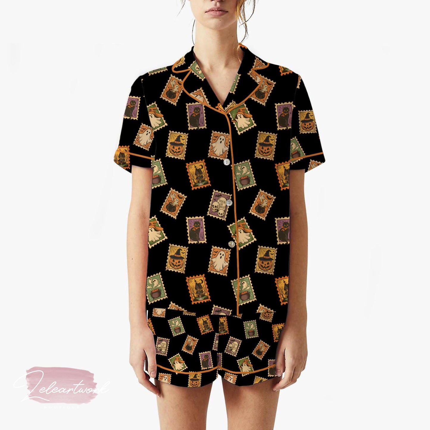 Halloween Trick Or Treat Pajama Set – Retro Stamp Print Short Sleeve Sleepwear, Cute Spooky Loungewear Gift