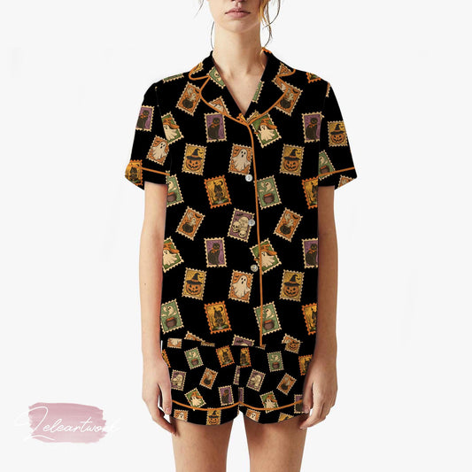 Halloween Trick Or Treat Pajama Set – Retro Stamp Print Short Sleeve Sleepwear, Cute Spooky Loungewear Gift