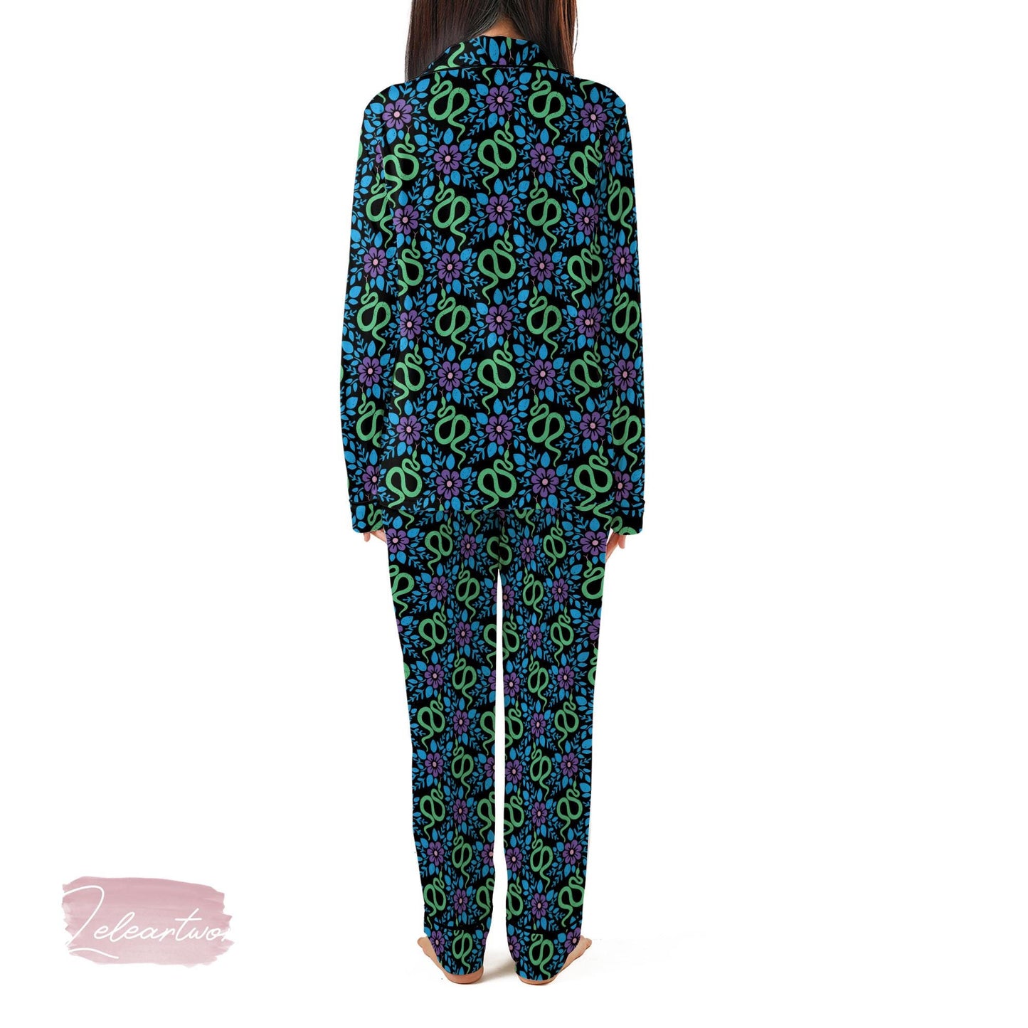 Green Snake Floral Satin Pajama Set for Women | Botanical Serpent Print Loungewear | Bold Boho Sleepwear