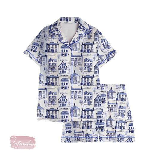 House Blue Toile Satin Pajama Set for Women | Cottagecore French Country Loungewear