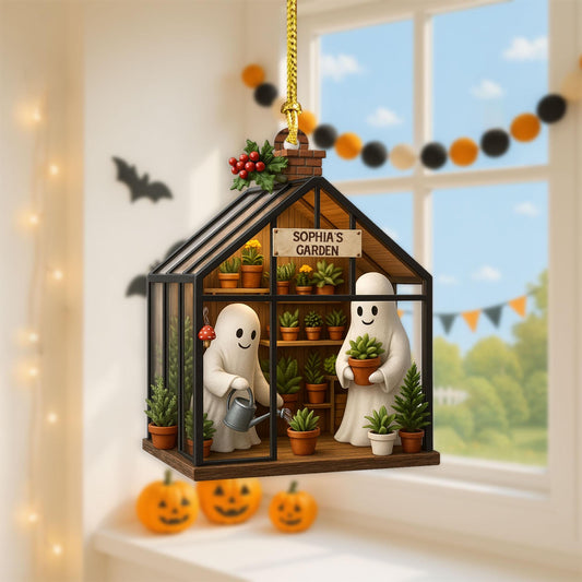 Personalized Ghost in Garden 2D FLAT Acrylic Ornament, Plant Lovers Halloween Gift, Halloween Ornament for Plantaholic, Greenhouse Ornament