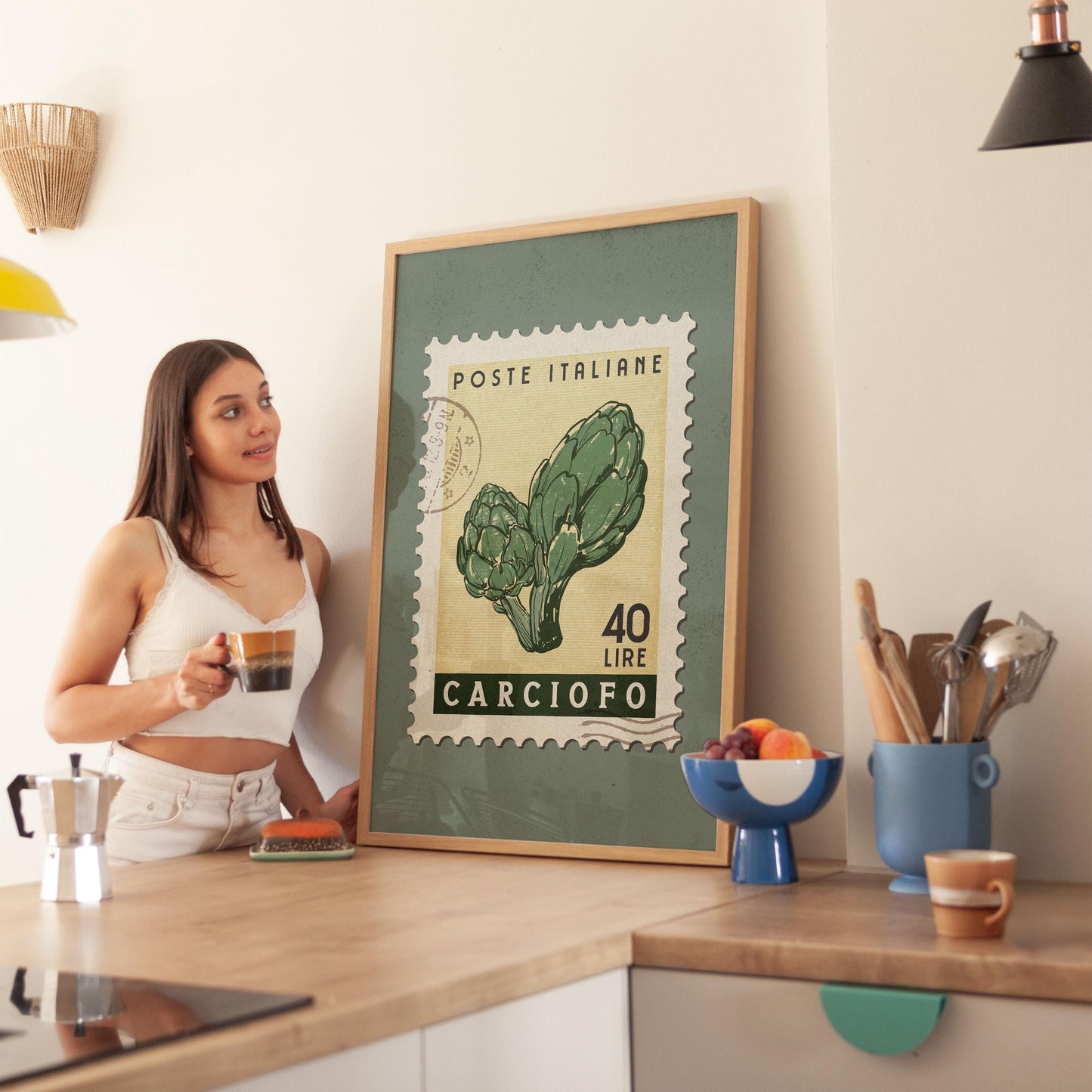 Artichoke Poster, Retro Stamp Poster | Retro Kitchen Print | Italian Food Art Print, Trendy Kitchen Decor, Unique Food Gift