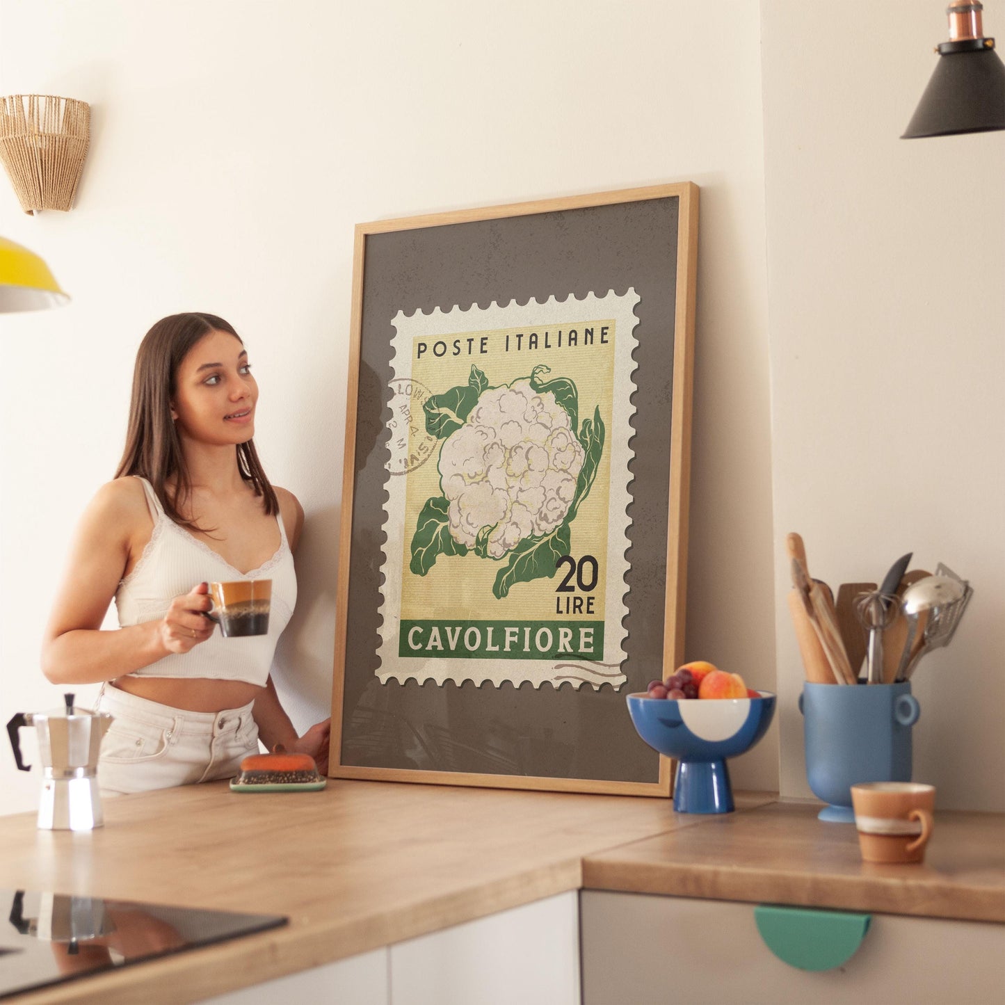 Cauliflower Wall Art, Retro Stamp Poster | Retro Kitchen Print | Italian Food Art Print, Trendy Kitchen Decor, Unique Food Gift