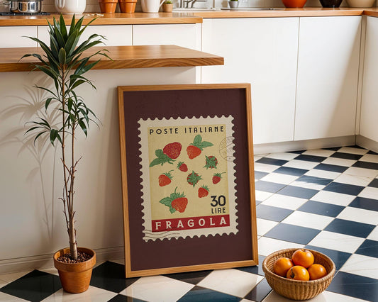 Strawberry Poster, Strawberry Fruit Market Print | Italian Food Art | Fruit Wall Art, Strawberry Poster Set, Retro Kitchen Print