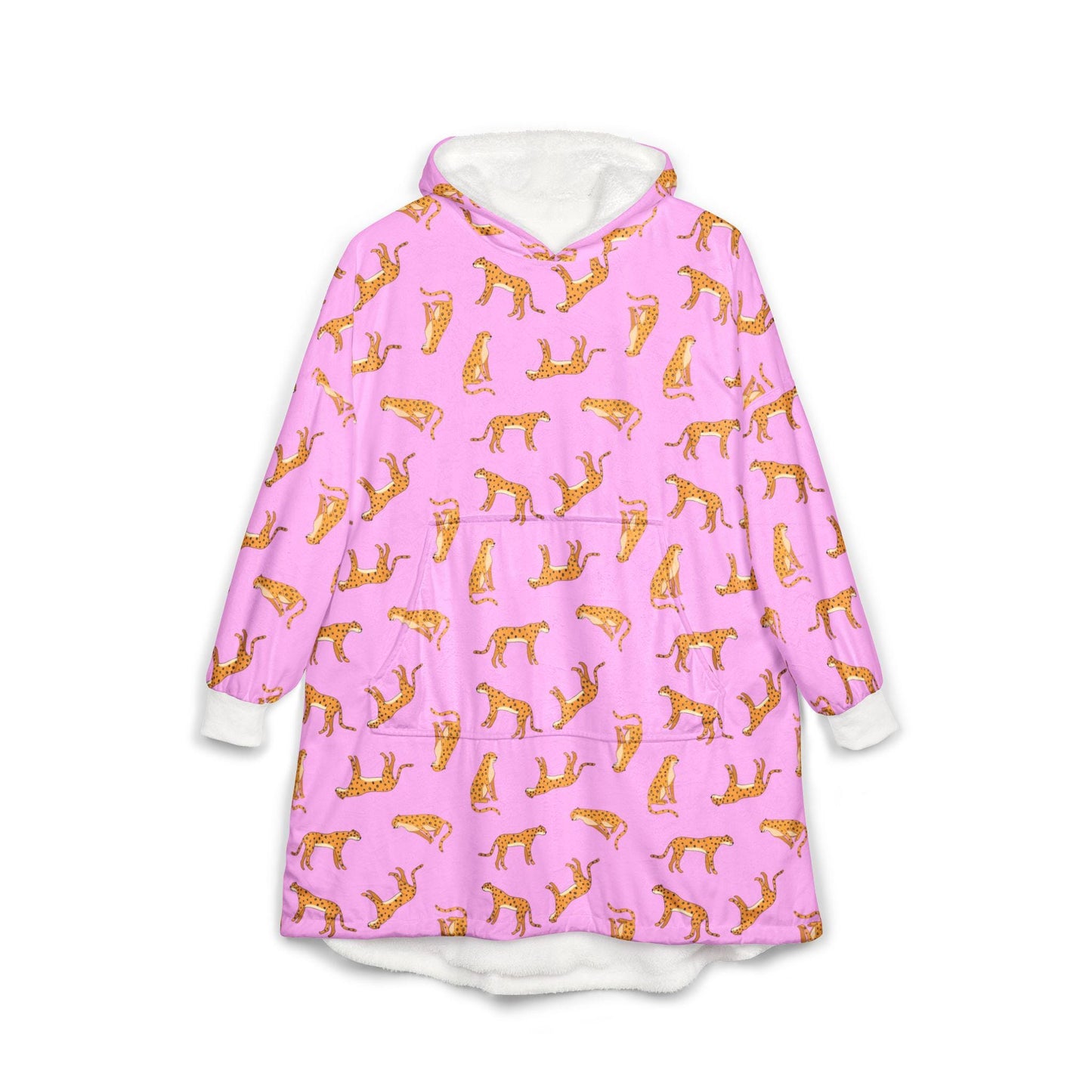 Cheetah Print Hooded Blanket: Pink Animal Cozy Wrap with Kangaroo Pocket