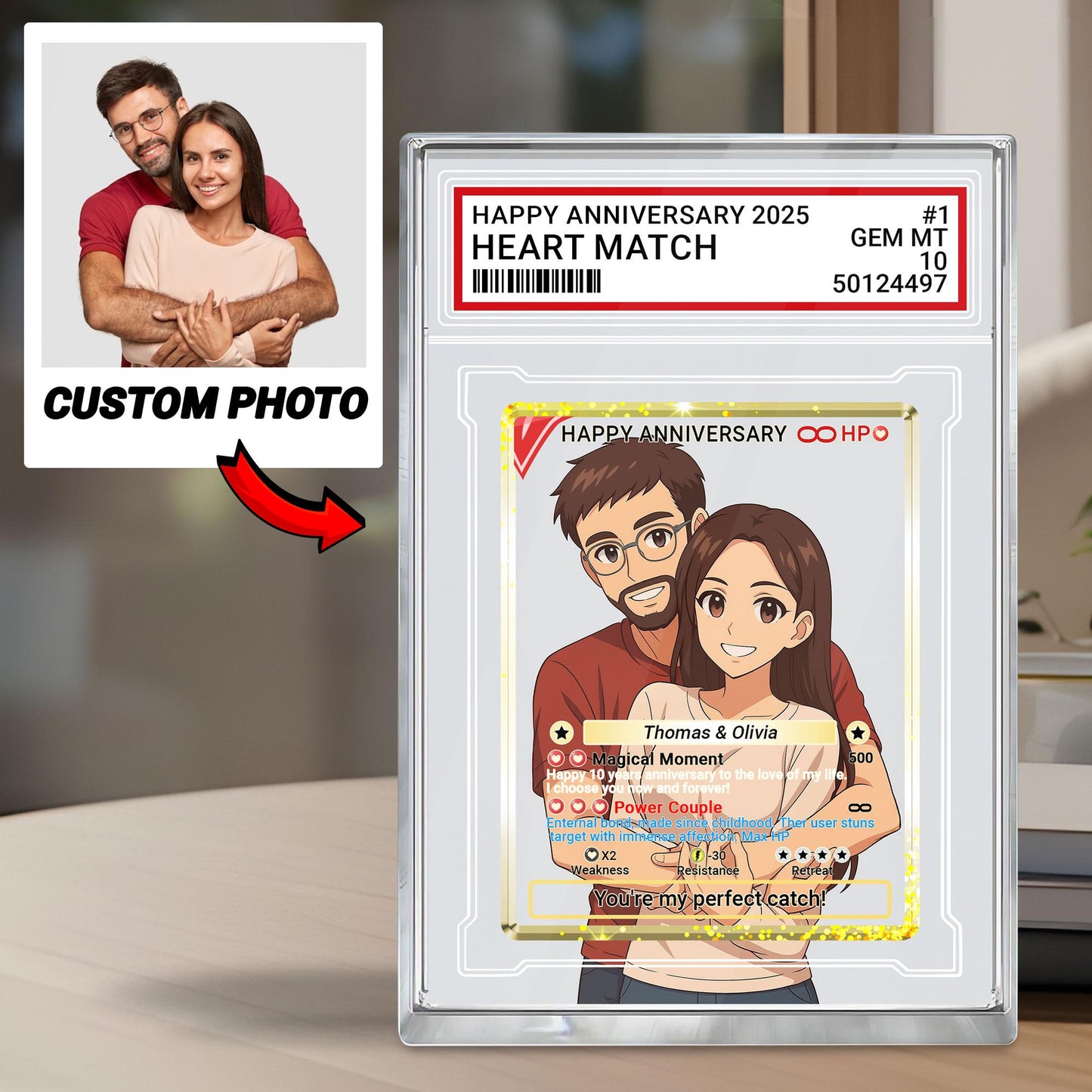 Custom Anniversary Acrylic Block Card with Personalized Couple Photo in Anime Style, Unique Pokemo-Inspired Wedding Gift, Romantic Keepsake