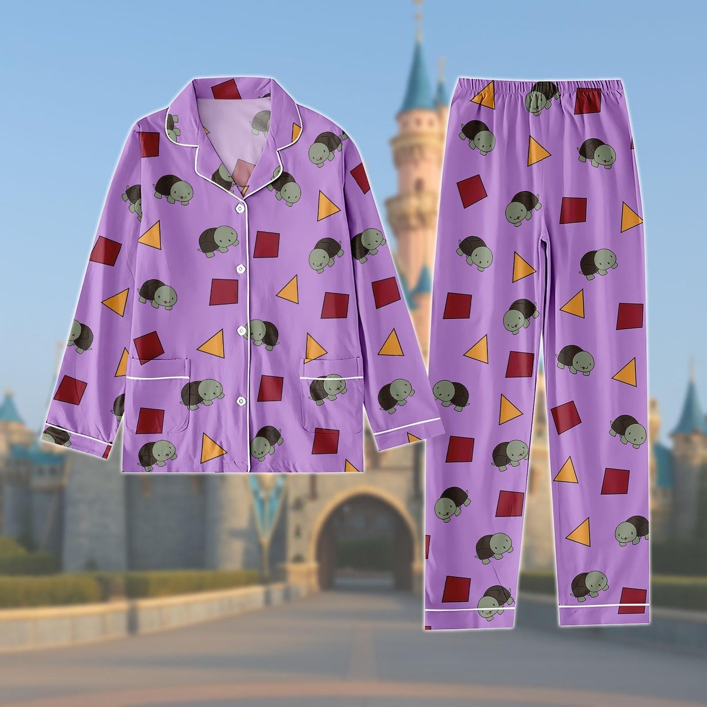 Cute Turtle Long Pajamas Set, Purple Geometric Cartoon Nightwear, Zoey’s Turtle Print Sleepwear, Cozy Animal Pajamas For Women Gift