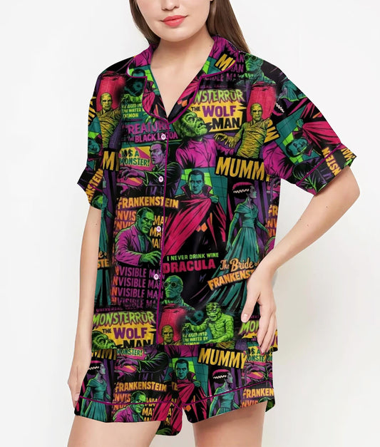 Vintage Halloween Shirt, Pajamas Satin Set, Monster Horror, Gift For Halloween, Neon Halloween Coquette, Spooky Season, Fall Aesthetic