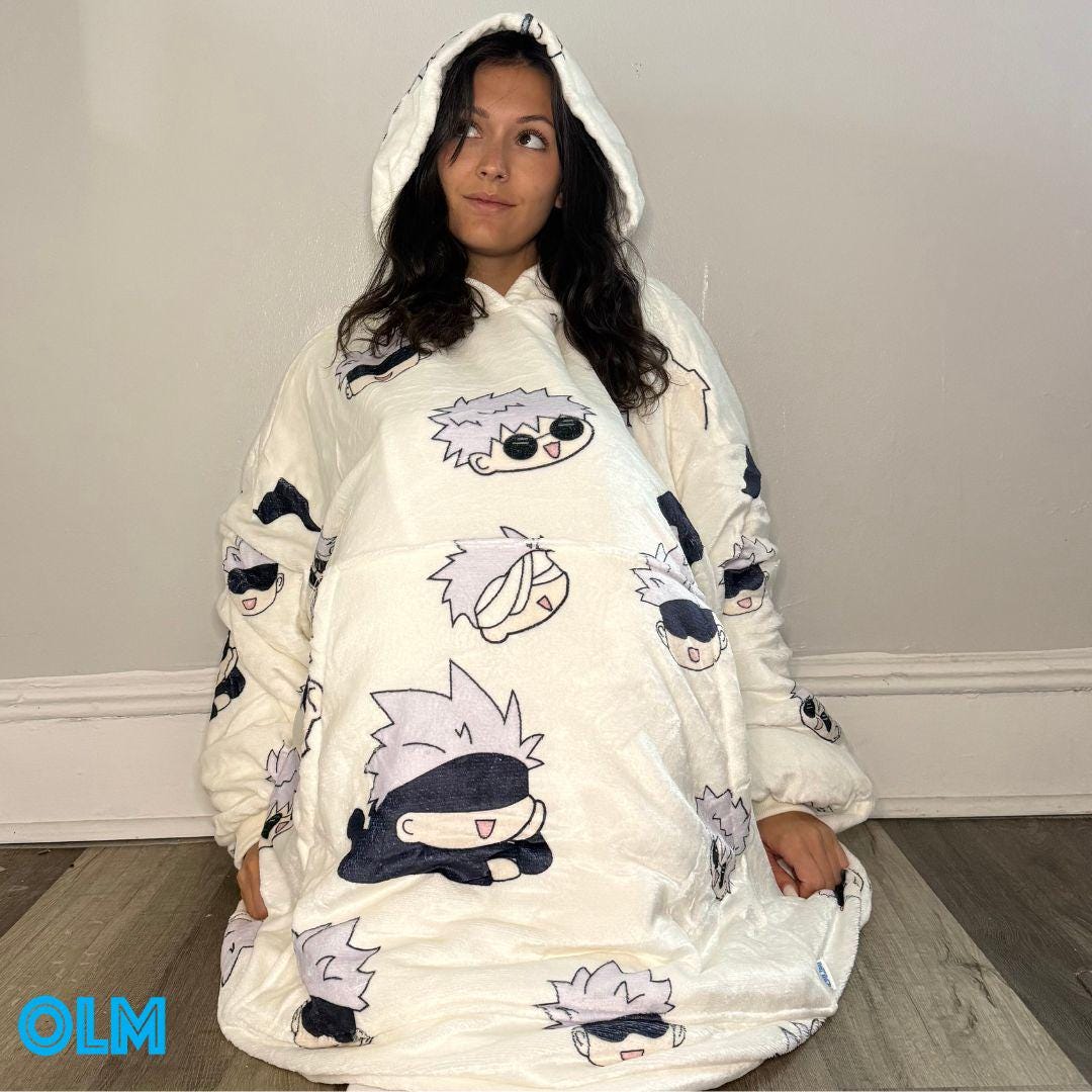 Anime Blanket Hoodie  oversize snuggle Sherpa Satoru Gojo Jujutsu Kaisen unisex adults and kids