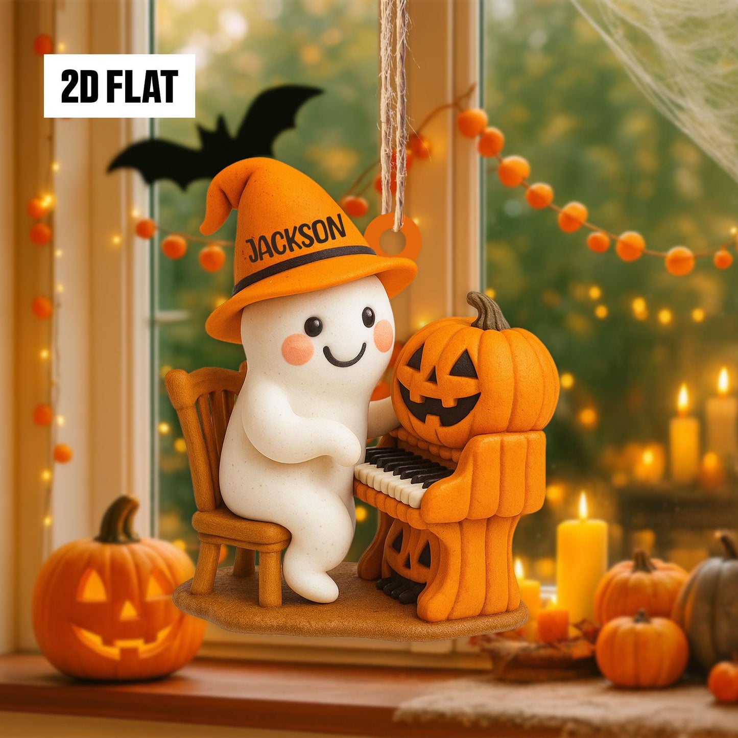Personalized Halloween Ornament – Cute Ghost With Pumpkin Piano, Custom Name, 2D Flat Design, Fun And Spooky Halloween Hanging Window
