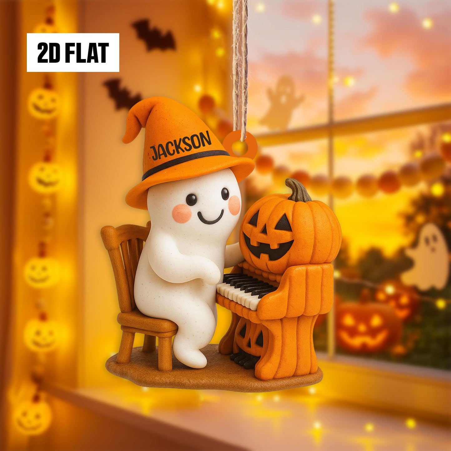Personalized Halloween Ornament – Cute Ghost With Pumpkin Piano, Custom Name, 2D Flat Design, Fun And Spooky Halloween Hanging Window