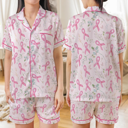 Breast Cancer Awareness Pajama Set, Pink Ribbon Floral Sleepwear for Women, Survivor Gift, Cancer Support Loungewear Short or Long Sleeve
