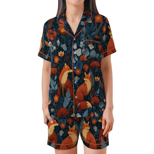 Fox Pajama Set Short Sleeves, Red Fox Woman's Colorful Satin Pajama Short Sleeve