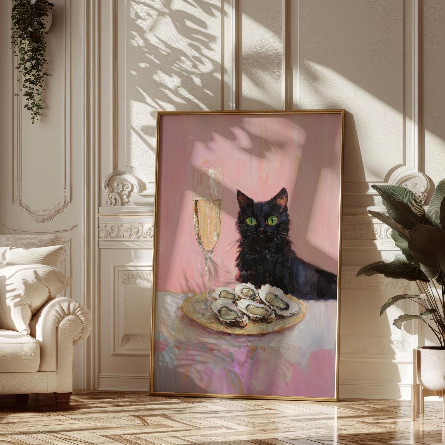 Black Cat with Champagne and Oysters Art Print | Cute Quirky Whimsical | Cocktail Art Bar Cart Decor | Fine Art Print Gift | Funny Cat Art