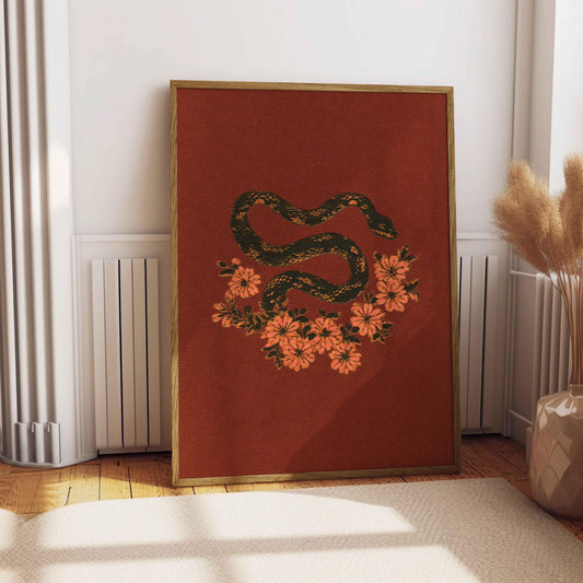 Vintage Snake Poster Dark Academia Print Dark Red Art Witchy Wall Art Floral Drawing Print Gothic Animal Print Botanical Serpent Art