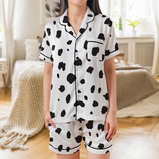 Brown Dalmatian Pajama Set Short Sleeves, Dalmation Print Woman's Satin Pajamas Short Sleeve