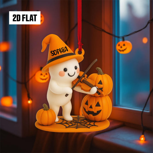 Personalized Halloween Ornament – Cute Ghost With Pumpkin Vilon, Custom Name Ornament 2D Flat, Fun And Spooky Halloween Hanging Window