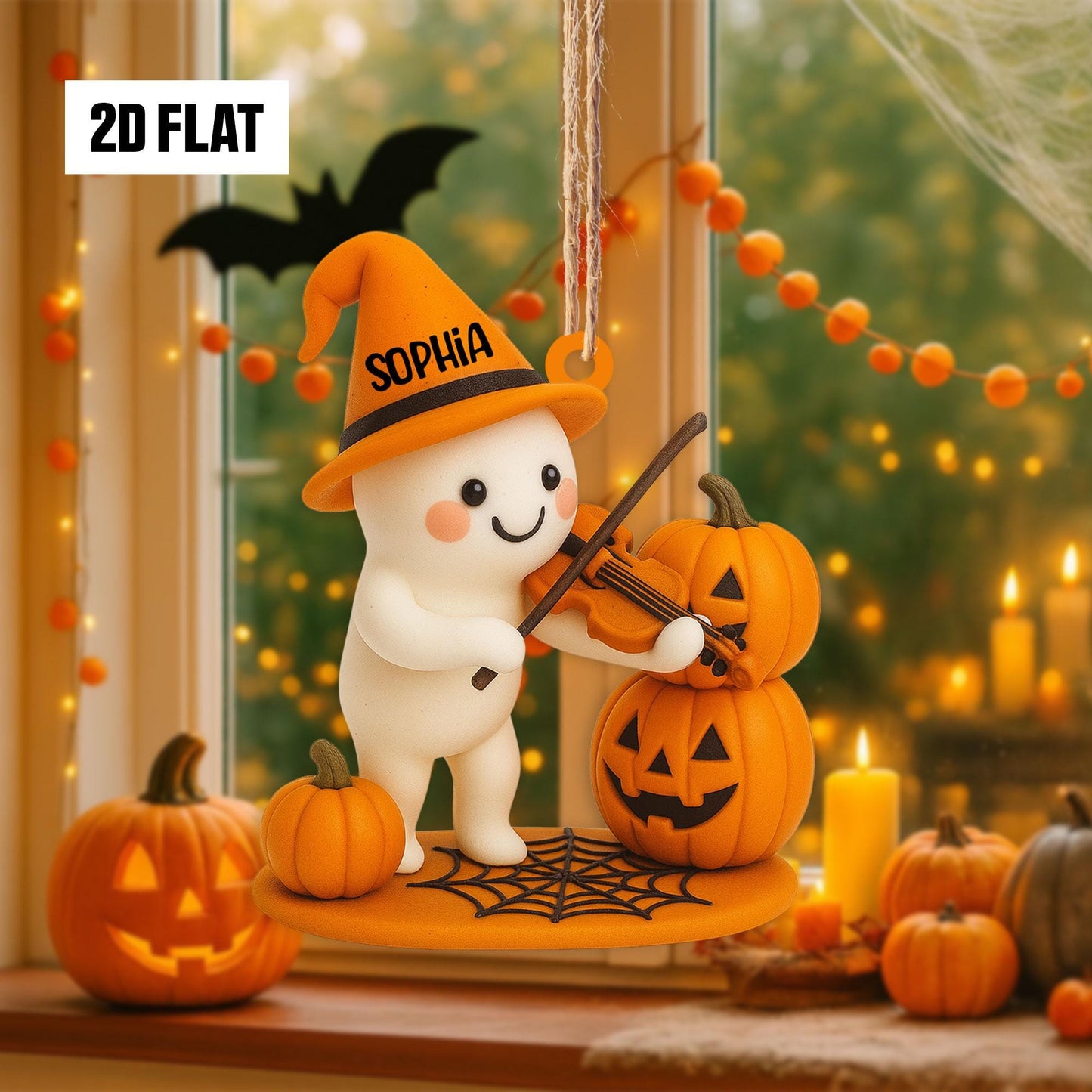 Personalized Halloween Ornament – Cute Ghost With Pumpkin Vilon, Custom Name Ornament 2D Flat, Fun And Spooky Halloween Hanging Window