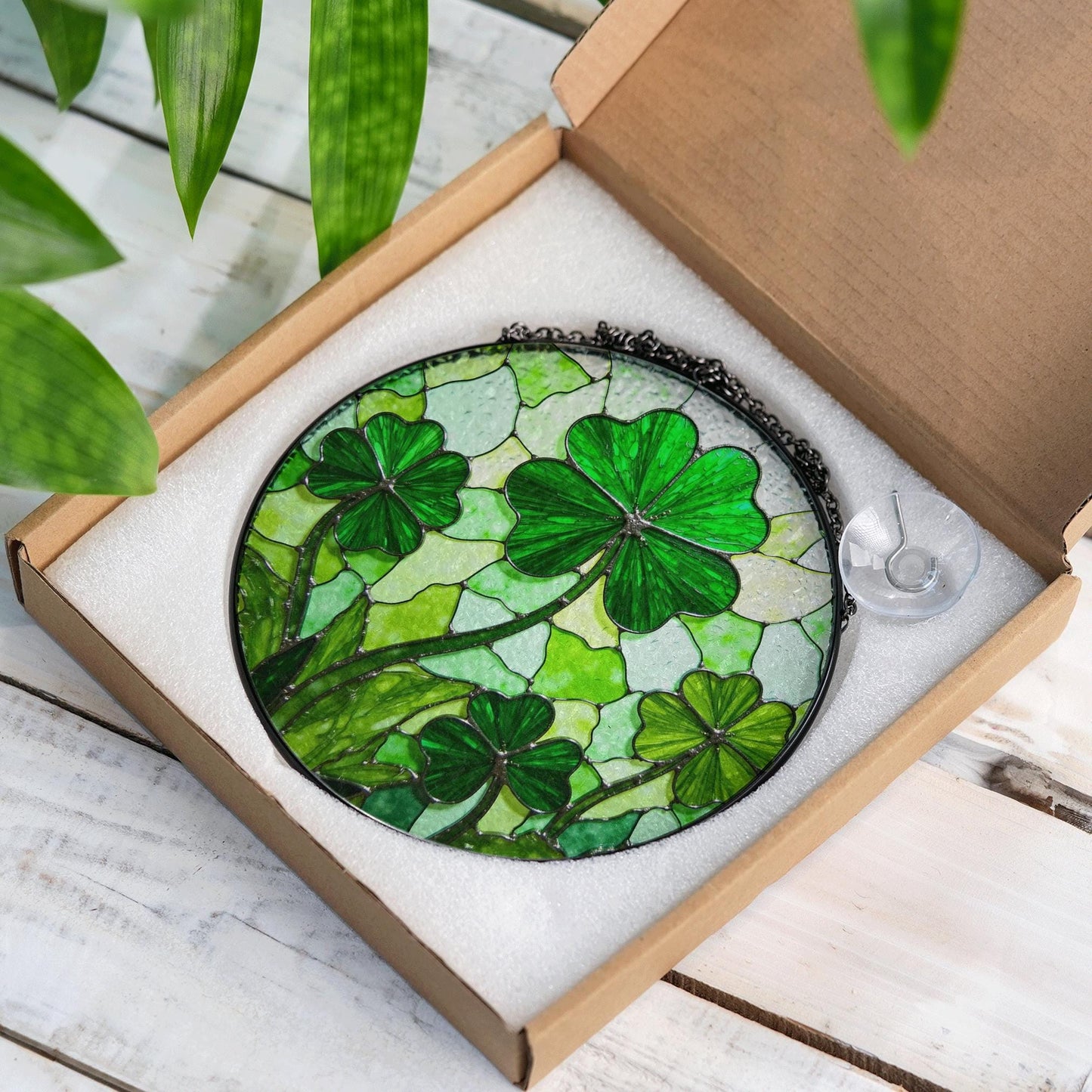 Four Leaf Clover Stained Glass Round Window Suncatcher Handmade Sun Catcher Lucky Charm St Patrick Day Gift for Friend