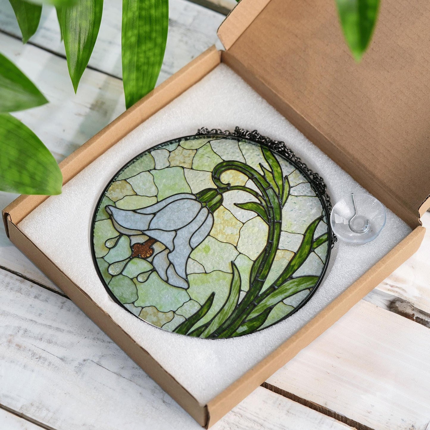 White Bell Flower Stained Glass Suncatcher Floral Window Hanging Gift for Moms and Garden Lovers