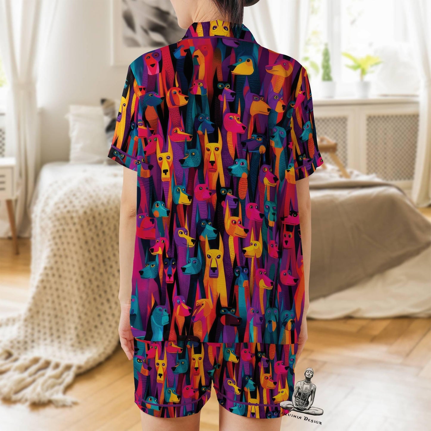 Dog Pajama Set Short Sleeves, Doberman Dog Lover Woman's Satin Pajama Short Sleeve