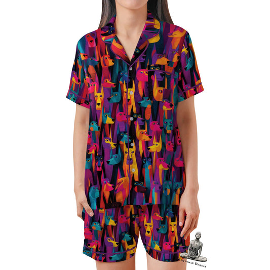 Dog Pajama Set Short Sleeves, Doberman Dog Lover Woman's Satin Pajama Short Sleeve