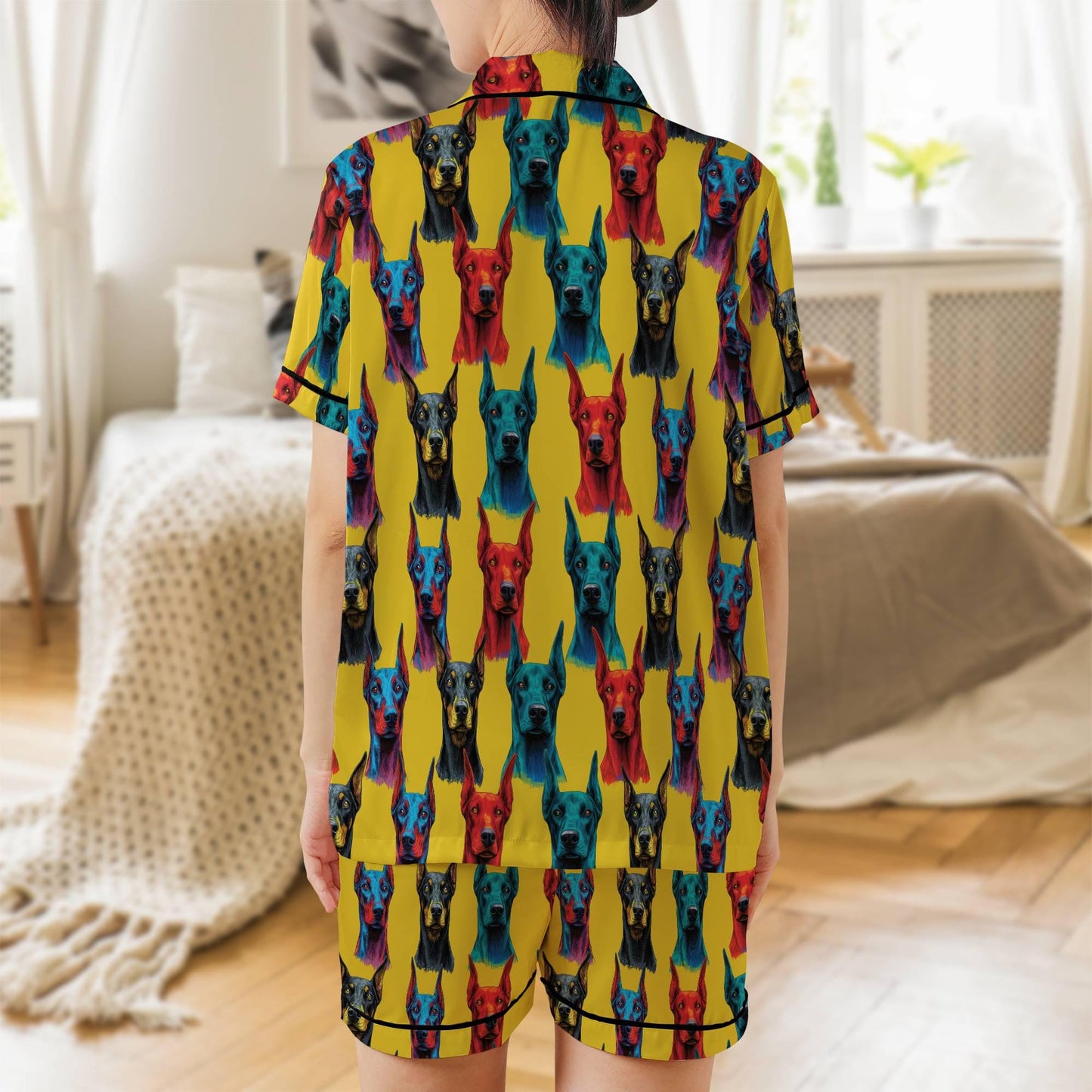 Doberman Dog Pajama Set Short Sleeves, Doberman Dog Lover Gift Woman's Satin Pajama Short Sleeve