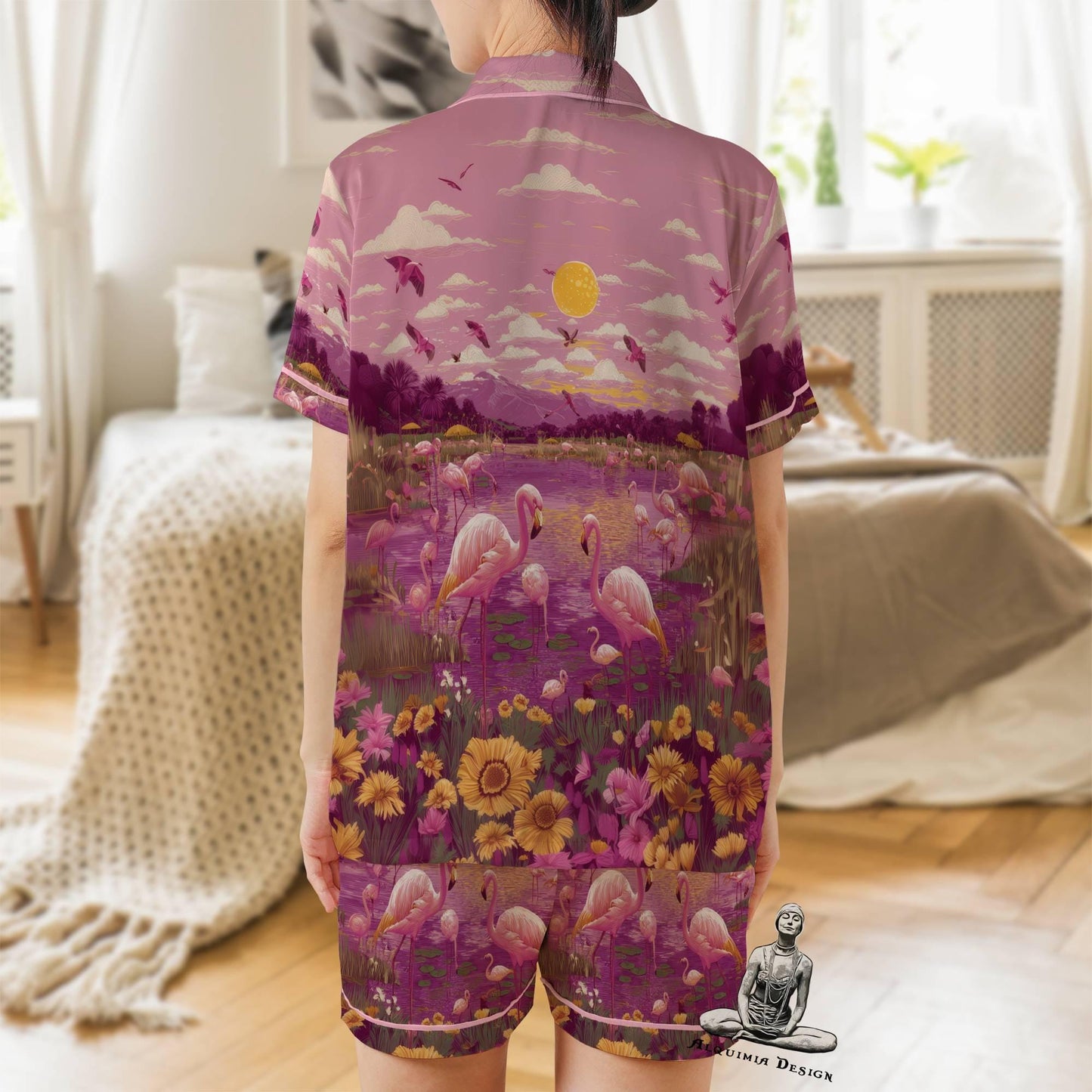 Flamingo Short Sleeves Pajama Set, Flamingo Woman's Satin Pink Pajama Short Sleeve Shorts