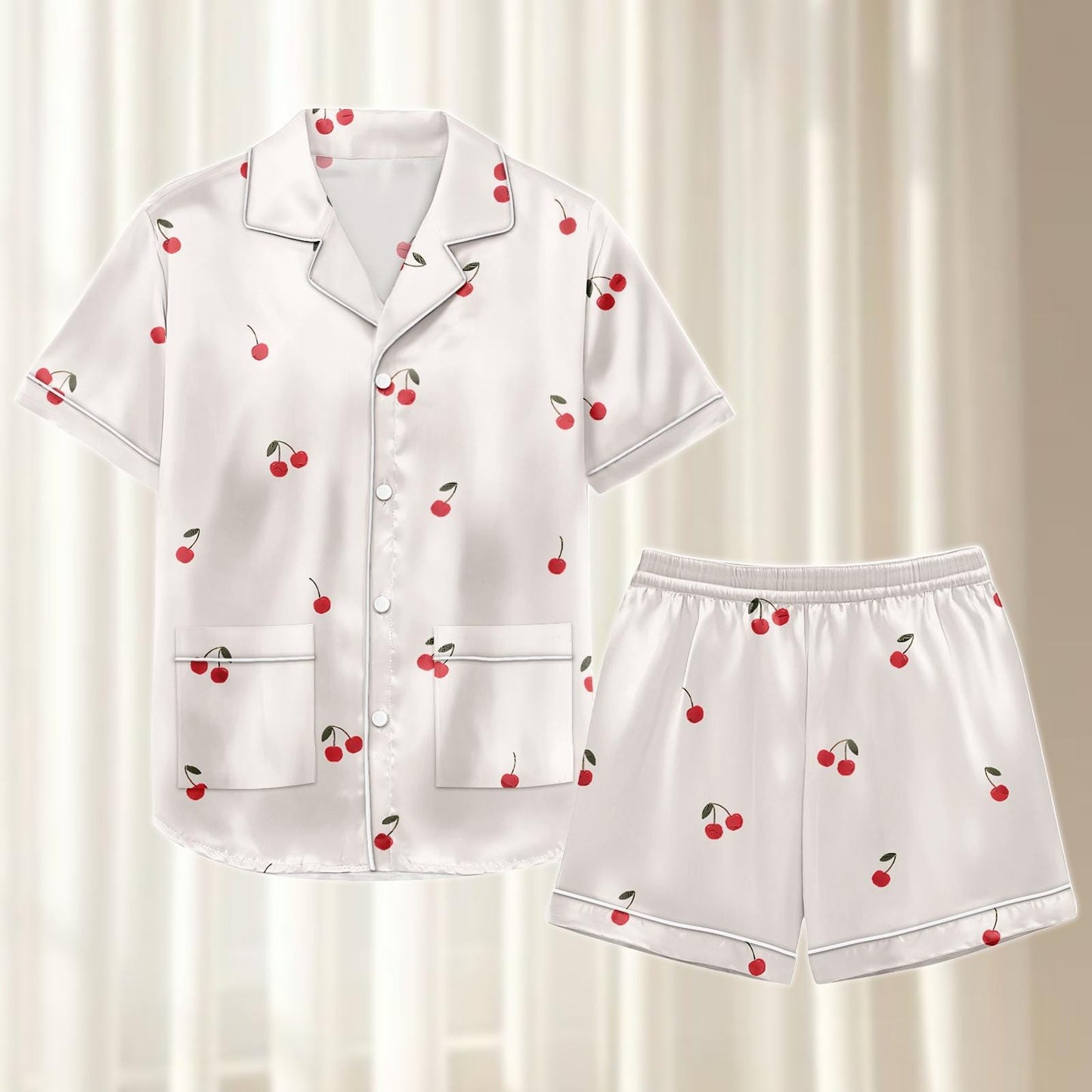 Cherry Satin Pajamas Short Set, Cute Fruit Summer Sleepwear, Red Berry Short Sleeve Pjs, Soft Loungewear, Birthday Gift For Her